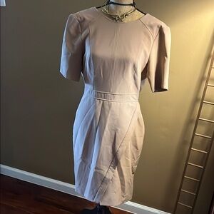 Tan Sheath Midi Dress with Puff Sleeves
